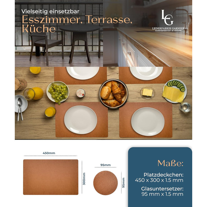 Набори серветок на стіл, 4 шт. – Екологічні, стабільні та нековзні – З високоякісної переробленої шкіри, Made in Germany (Bison)