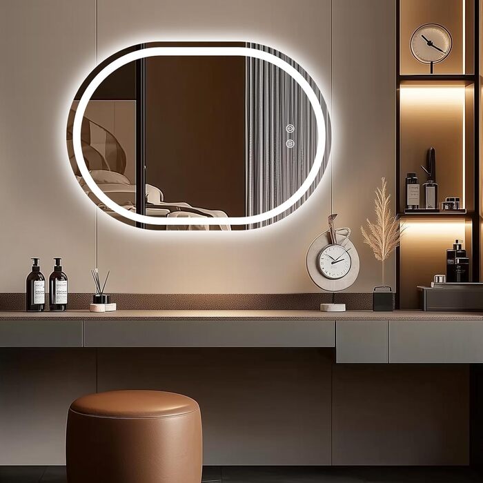 Дзеркало для ванної кімнати з підсвічуванням 50x70 см, овальне, з сенсорним вимикачем, протитуманне, диммер, 3 кольори світла (3500K-6500K)