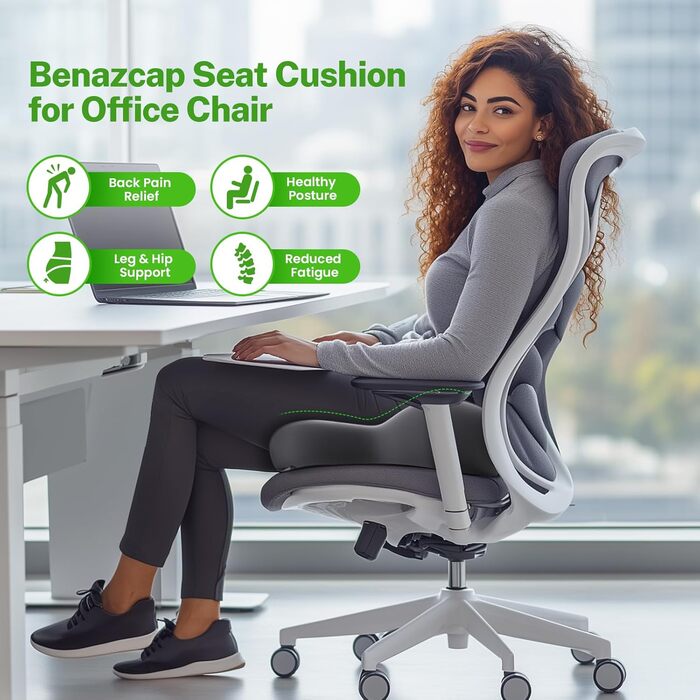 Ортопедична подушка для сидіння Benazcap з Memory Foam для офісного крісла, автомобіля, інвалідного візка. Зменшує біль у куприку. Чорний/Сірий колір