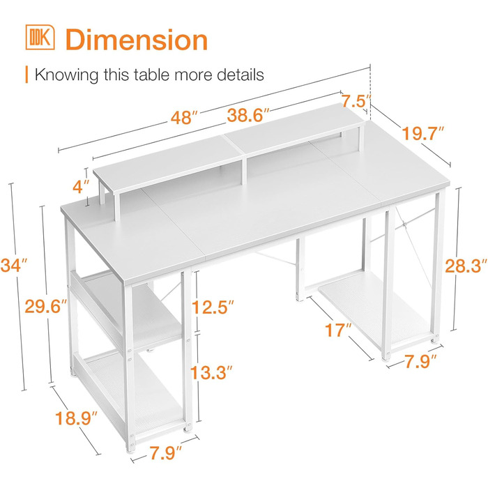 Двосторонній стіл ODK з полицею, підставка для монітора, ігровий стіл, білий, 120x50x86.5 см, домашній офіс