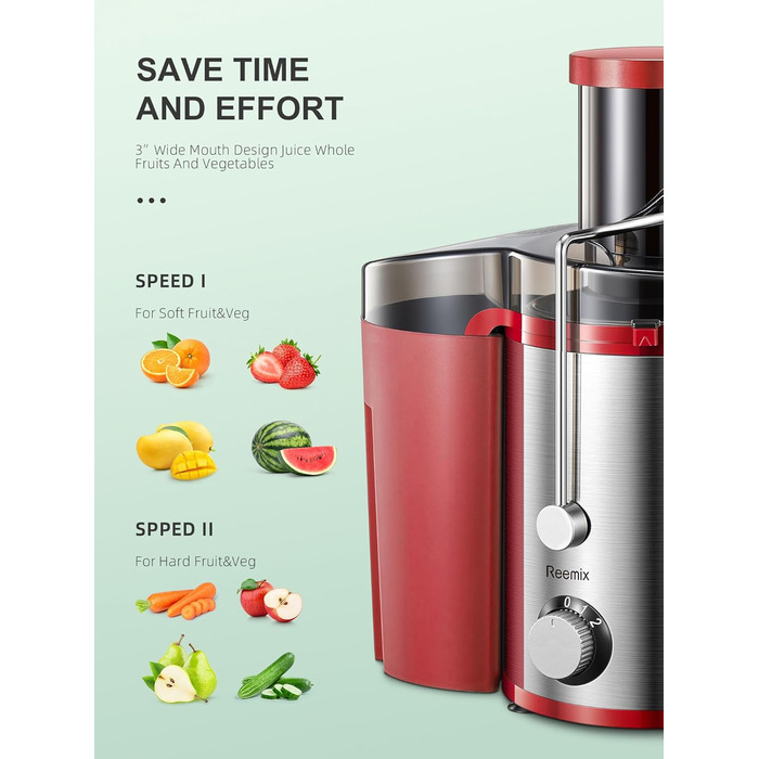 Reemix Соковитискач для овочів та фруктів, професійний Max Juicer з нержавіючої сталі, 800W, 3 швидкості, червоний