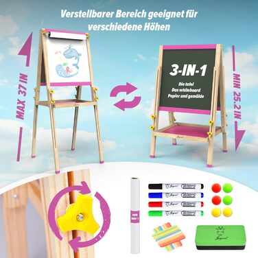 Мольберт для малювання Joyooss для дітей, регульований дерев'яний мольберт для малювання, двосторонній, сухий маркер, з аксесуарами для малювання, подарунок та канцтовари для дітей 4-8 років (РОЖЕВИЙ) 106PINK