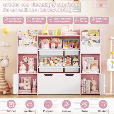 FOREHILL Дитяча полиця для іграшок та книг, стелаж для дитячої кімнати з 4 ящиками, рожевий (126x30x104 см)