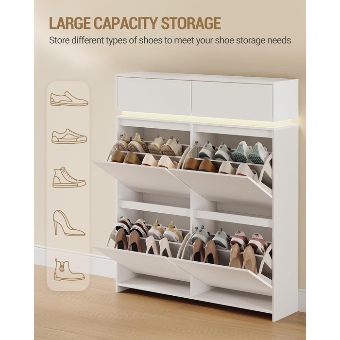 Взуттєва шафа Hzuaneri з 4 стулками, вузька, з LED-підсвічуванням, регульована перегородка, на 20 пар, 100 x 119 x 24 см, для передпокою, біла SR53603XEU