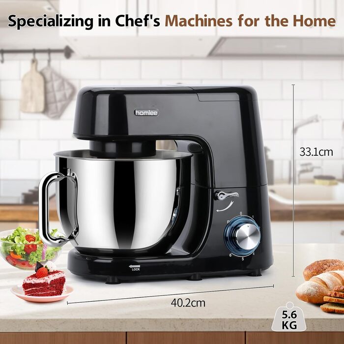 Потужна кухонна машина 1800W з великою чашею 7.2 л з нержавіючої сталі, міксер, насадки для тіста, збивання та взбивання