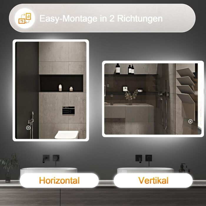 LED дзеркало для ванної кімнати Boromal 100x60 см з підсвічуванням, 3 колір світла, регулювання яскравості, сенсорне керування