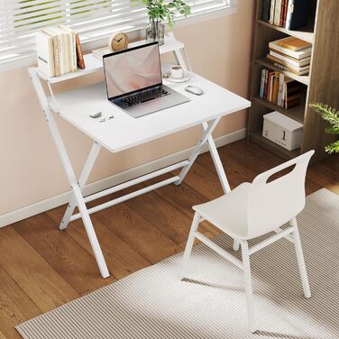 Складний стіл Yaheetech 80 см для комп'ютера з полицею, двоступінчастий робочий стіл з підставкою для монітора, стіл для ноутбука для дому/невеликих кімнат/вітальні, білий, 80 см x 50 см, 86.5x60.5x90 см