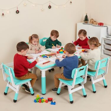 Дитячий стіл MAMIZO з 4 стільцями, регульована висота, комплект для дитячої кімнати/садка, пластикові меблі, для дітей від 2 років (60 x 60 x 120 см, м'ятний)