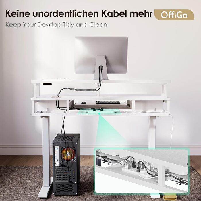Регульований за висотою стіл OffiGo з 2 висувними ящиками та підставкою для клавіатури, 120 см. Електричний стіл з підставкою для монітора, RGB підсвічування та розетками, білий (120 x 54 см)