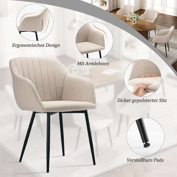 Набір з 4-х обідніх стільців у бежевому кольорі з підлокітниками, для кухні, вітальні, спальні