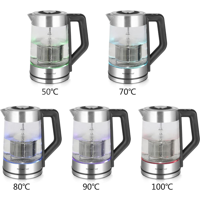 Електричний чайник Emerio WK-122248 з боросилікатного скла, 1.7л, чорний/срібний, з автоматичним ситом, регулювання температури, 2200 Вт