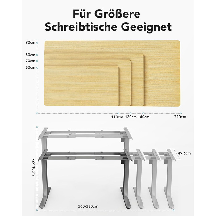 Регульований стіл-підставка HUANUO з безщітковим мотором, вантажопідйомність 100 кг, для стільниць 110x200 см (сірий)
