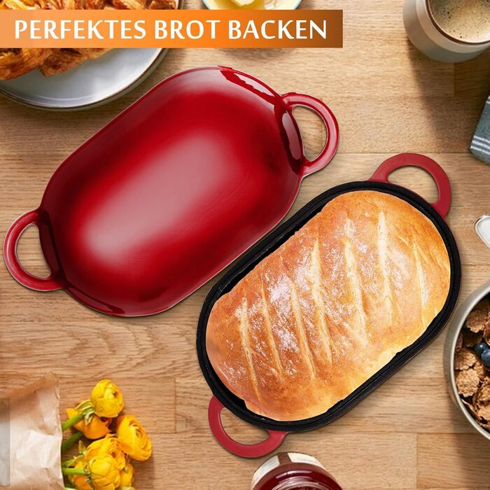 Форма для випікання хліба з кришкою Gusseisen, 23 см, емальоване чавунне ведро, 2.75 л, підходить для духовки (переливи синьо-зеленого та червоного кольорів)