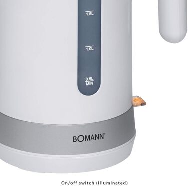 Чайник Bomann об'ємом 1,8 л, захисна відкидна кришка, бездротовий, фільтр від накипу, штепсельне з'єднання на 360, нагрівальний елемент з нержавіючої сталі, автоматичне та ручне вимкнення, захист від перегріву, 2200 Вт, WK 5012 білий