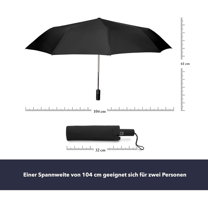 Складна парасолька PourLand Stormproof, 10 ребер, автоматична, компактна, розмах крил 104 см, вітрозахисна, чорна