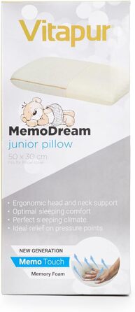 Подушка MemoDream Junior від VITAPUR для дітей, 30x50x9 см, Memory Foam, гіпоалергенна, м'яка, пральна, Ökotex-100, від 3 років