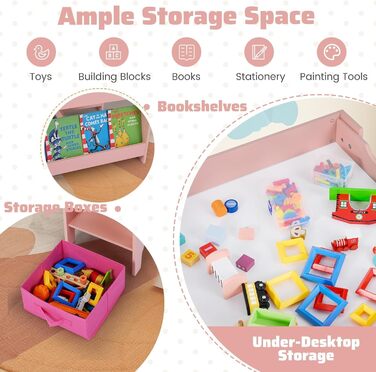 Дитячий стіл LIFEZEAL 3 в 1 з 2 стільцями: стіл для малювання, активностей та обіду. Дерев'яна дитяча група з місцем для зберігання (Рожевий)