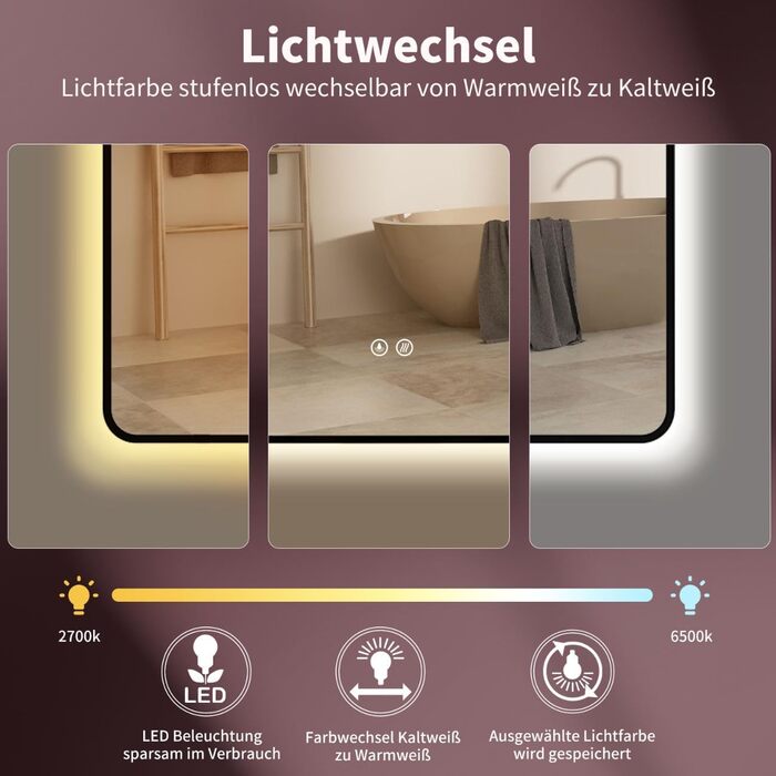 Дзеркало для ванної кімнати HOKO LED Texas 60x80 см / 80x60 см з підсвіткою, підігрівом проти запотівання та чорним металевим каркасом. Можливість встановлення HOCH+QUER. Сенсорне керування, зміна кольору світла 2700-6500K (тепле біле - холодне біле - ней