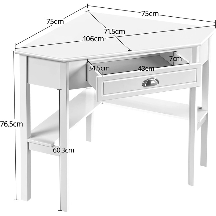 Кутовий стіл Компактний комп'ютерний стіл з ящиком і полицями Кутовий стіл для маленької кімнати, 106 71,5 77 см Білий