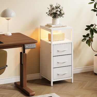 Нічний столик з підзарядкою та LED-підсвіткою, білий, 25x30x60 см, з 3 висувними ящиками, полицею та USB/Type-C портами