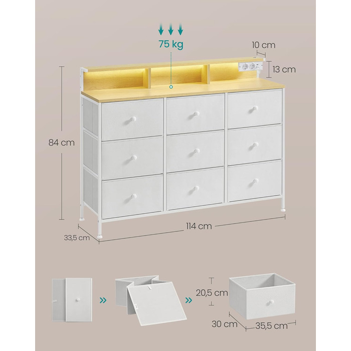 SONGMICS Комод з 9 висувними ящиками та LED-підсвічуванням, з розеткою, сталевий каркас, 33,5 x 114 x 84 см, для спальні/вітальні, білий, LTS519W02