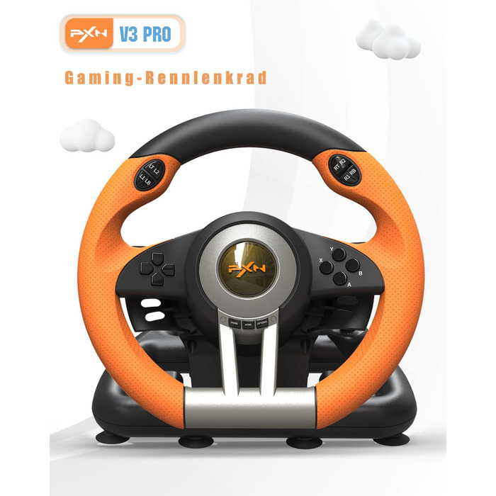 Ігровий кермо PXN V3 Pro з педалями, 180° поворот, вібрація, перемикачі на кермі та педалях - для PC, PS4, PS3, Xbox, Nintendo Switch (Помаранчевий)