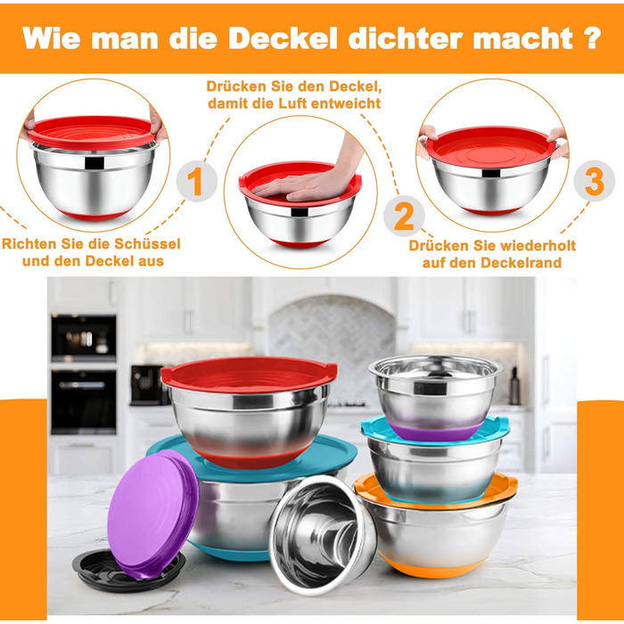 Набір мисок Onader з нержавіючої сталі: салатники з кришкою та 3 терками для кухні. Об'єм: 4л, 2.8л, 2.5л, 1л, 1.2л, 0.7л. Складається з 6 мисок, можна складати та мити в посудомийній машині.