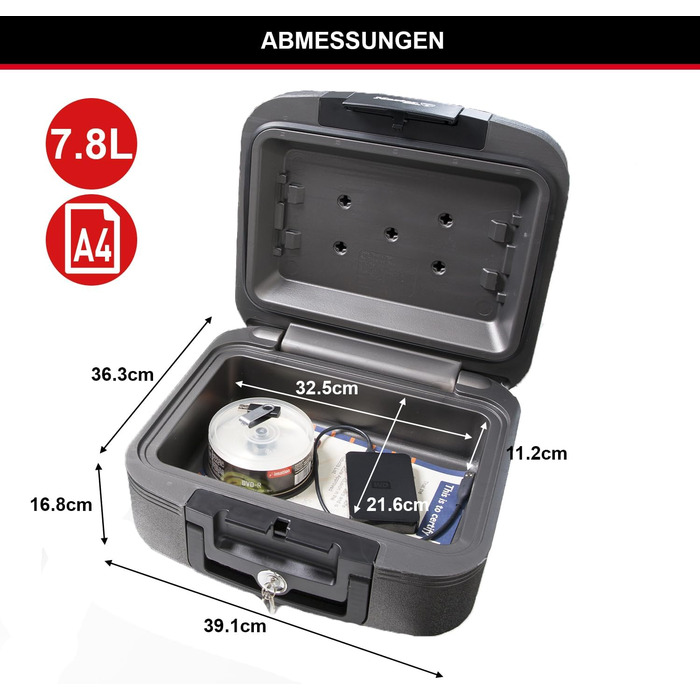 Сейф Master Lock вогнестійкий та водонепроникний з ключем, потрійний захист - від пожежі, води та крадіжок, 7.8L, 16.8 x 39.1 x 36.3 см