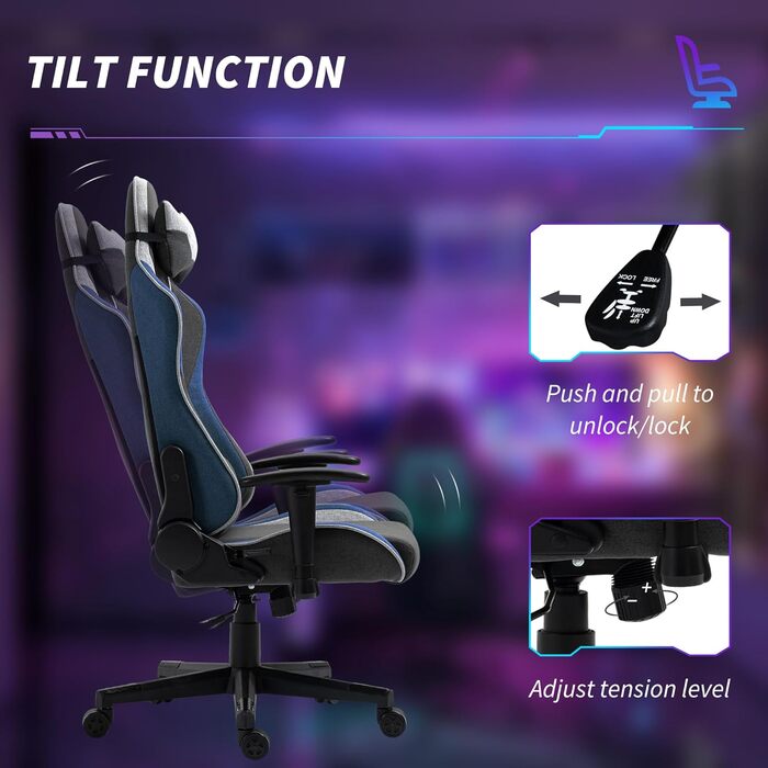 Крісло ігрове Vinsetto Ergonomic з регулюванням висоти, підголівником та поперековою підтримкою, блакитне