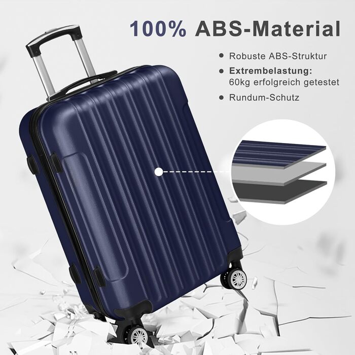 Набір валіз LALAHO 5 шт. з косметичками, з ABS пластику, для подорожей, ручна та велика валіза, блакитний (смужки)