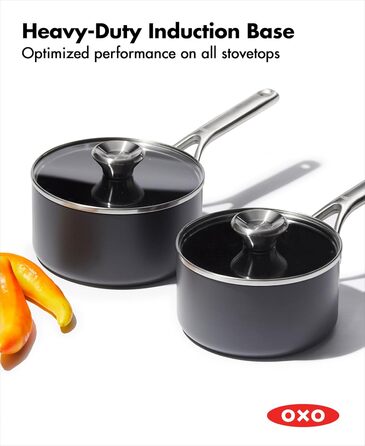 Набір каструль OXO Professionelles з кришкою, керамічне антипригарне покриття, індукційні, нержавіюча сталь, діамантова обробка, безпечні для здоров'я, для посудомийної машини, для духовки, 1.7QT та 2.3QT, чорний