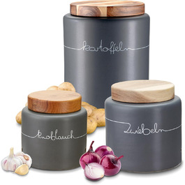 Набір для зберігання картоплі, цибулі та часнику KHG, 3 шт., кераміка, бамбукові кришки, сірий антрацит, об'єм 3 л та 1,5 л
