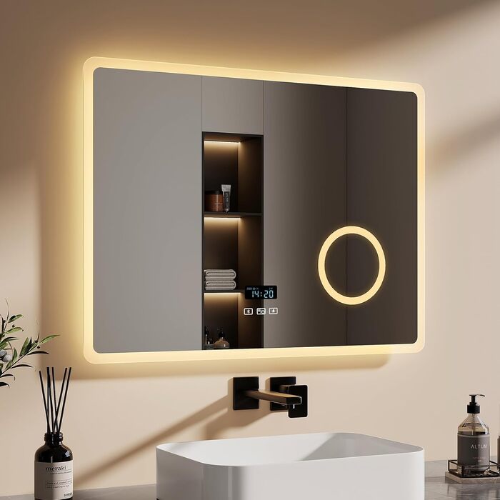 EMKE® LED дзеркало для ванної кімнати 80x60 см з підсвічуванням, регулюванням, годинником та Bluetooth, IP44, 3 кольори світла