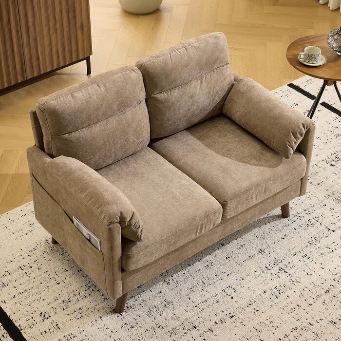 Диван Bonnlo 2-місний, компактний, 125 см, тканинний, з м'якими підлокітниками, для офісу, вітальні, спальні, кабінету, легка збірка, льон, коричневий