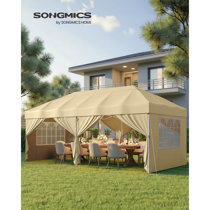 Павільйон SONGMICS 3x3 м, розкладний, для саду, відпочинку, вечірок, захист від сонця та дощу, портативний, бежевий