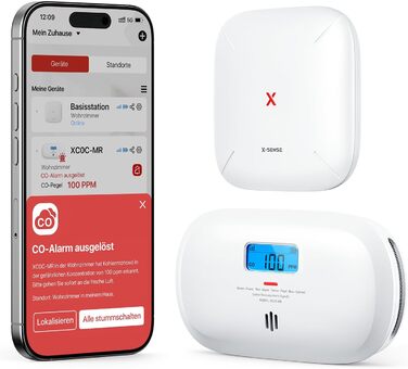 X-Sense Детектор чадного газу з цифровим дисплеєм, сертифікат TÜV Rheinland, з базовою станцією SBS50, керування через додаток, XC0C-MR11, 1 шт.