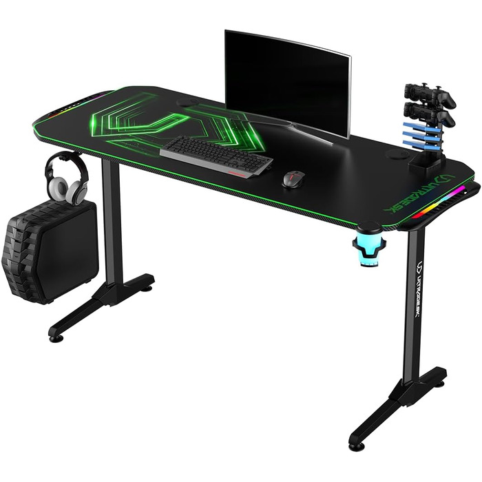 Ігровий стіл ULTRADESK FRAG V3 LED RGB, місце для 2 моніторів, сталь, 150x60 чорний (зелений світлодіод)