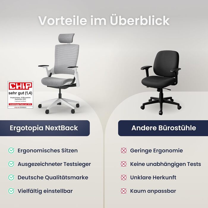 Ergotopia NextBack: ергономічне крісло для офісу з підтримкою спини | Крісло для роботи з підголівником та підлокітниками | 5 років гарантії (сірий/білий)