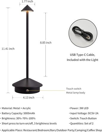 Mini LED-лампа настільна бездротова, акумуляторна, 4000 mAh, регулювання яскравості, для спальні, кухні, кафе, кемпінгу, чорна, 2 шт.