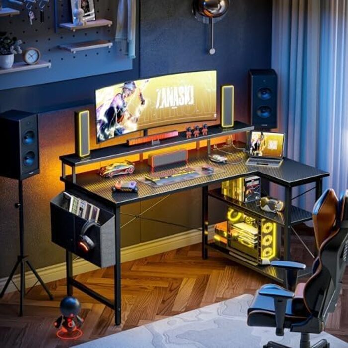 Комп'ютерний кутовий стіл BEXEVUE з розеткою та LED-підсвіткою, 120x70 см. Ергономічний кутовий стіл з полицями, регульований, для роботи та ігор, чорний колір.