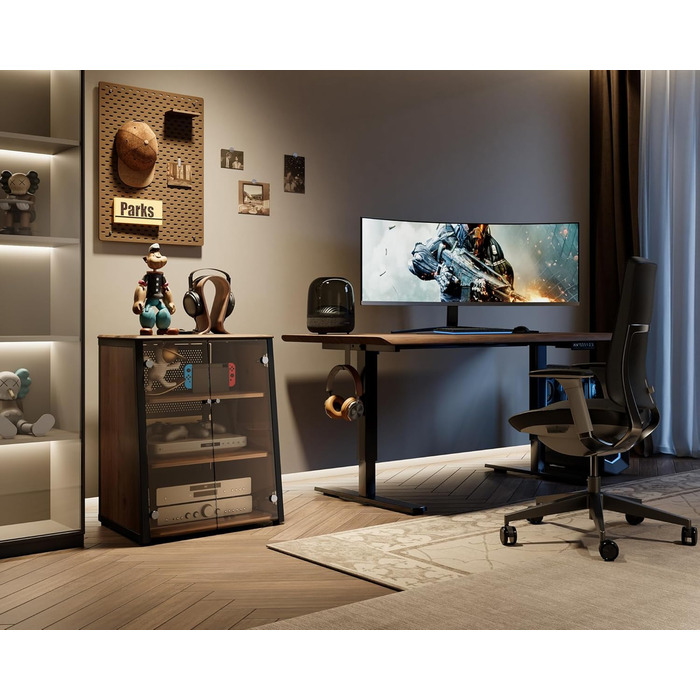 FITUEYES HiFi стійка з скляними дверцятами, стіл для програвача з захисним оснащенням, регульовані полиці для програвача та стереосистем, 66x65x81 см