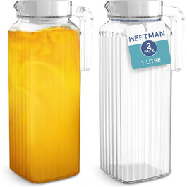 Скляний глечик для холодильника (2 шт.) об'ємом 1 літр з кришкою, рифлений дизайн, не протікає, вентильована кришка для гарячої/холодної води, чай, кава, молоко