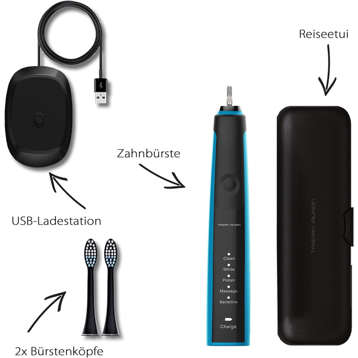 Електрична зубна щітка Tristan Auron SonicMaster (Блакитна) - 5 режимів, 55,000 VPM, таймер 2 хв, 6 насадок + чохол для подорожей. Без ризику - 100 днів тестування, акумулятор - 60 днів.