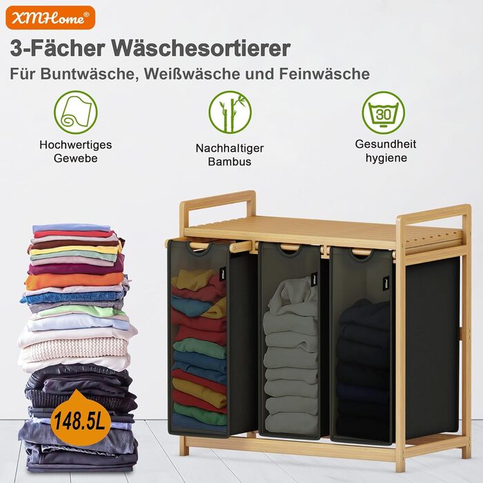 Бамбуковий сортувальник для білизни з 3 відділеннями, 148 літрів, 2 яруси, великий кошик для білизни з знімним мішком, прямокутна коробка для ванної, спальні та пральні, 77.5x41.3x100.5CM, Бежевий (Темно-сірий)