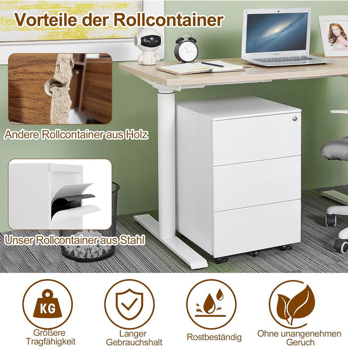 Роликовий контейнер HOMSTEEL з замком, 4 ключі, 4 висувні ящики, металевий шафка, збірно-розбірний, для офісу та дому, білий