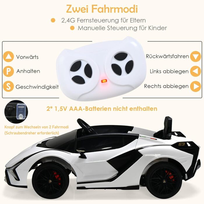 Електромобіль для дітей DREAMADE Lamborghini 12V з дистанційним керуванням, ременем безпеки, підсвіткою, музикою та сигналом, білий, для дітей від 3 років