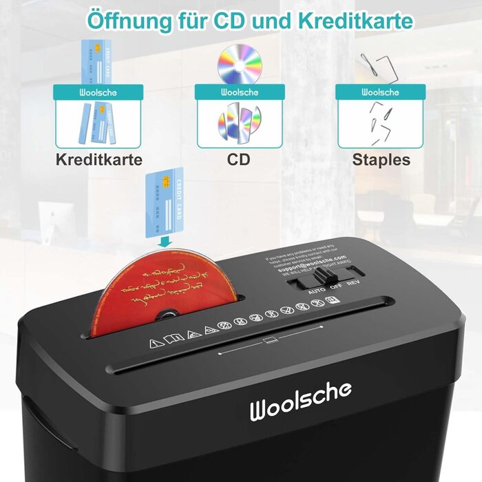 Шредер для документів Woolsche CD222-8: 8-аркушевий, P-4, з перехресним різанням, для офісу та дому