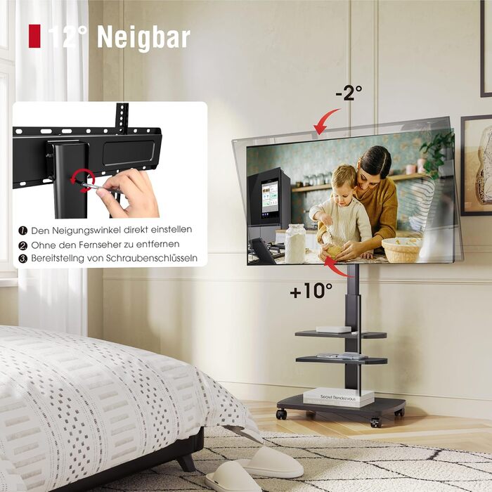 Підставка для телевізора мобільна з поличками Holz, 32-65 дюйми, чорна, VESA 400x400, до 40 кг