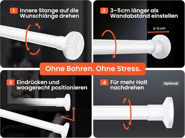 Телескопічна штанга для кріплення 260-310 см, Ø 25 мм, багатофункціональна штанга без свердління - для штор, душових завіс, ванної кімнати та балкону (90-160 см, біла)