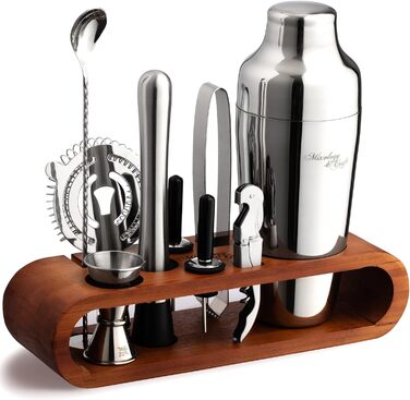Набір для приготування коктейлів Mixology & Craft Cocktail Set (10 предметів) - Набір шейкерів для коктейлів з нержавіючої сталі з аксесуарами для бару на дерев'яній бамбуковій підставці - Декоративний подарунковий набір - Сріблястий